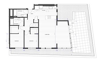 A floor plan of a house with labeled rooms such as Bathroom, Kitchen, Living Area, and Bedrooms.