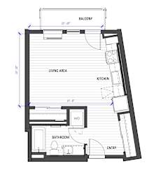 A floor plan of a house with a living area, kitchen, bathroom, and balcony.