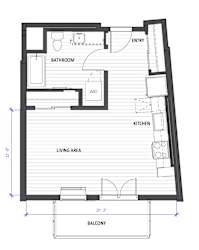 A floor plan of a house with a living area, kitchen, bathroom, and balcony.