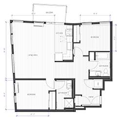 A floor plan of a house with a living area, kitchen, and three bedrooms.