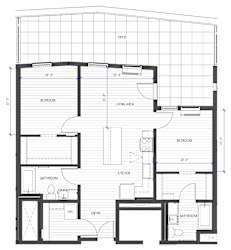 A floor plan of a house with labeled rooms such as bedroom, bathroom, and kitchen.