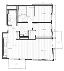 A floor plan of a house with labeled rooms such as bedroom, bathroom, and kitchen.
