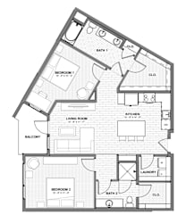 A black and white image of a house floor plan with two bedrooms, a living room, a kitchen, a laundry room, and a balcony.