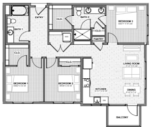 A black and white floor plan of an apartment with three bedrooms, a living room, a kitchen, a pantry, and a balcony.