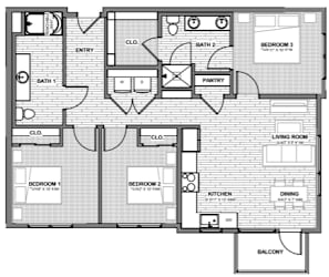 A black and white floor plan of an apartment with labeled rooms.