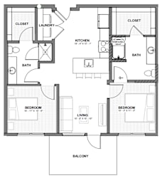 A floor plan of a house with two bedrooms, a living room, a kitchen, a bath, a laundry area, and a closet.