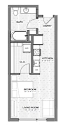 A floor plan of a small apartment with a living room, bedroom, kitchen, cloakroom and bathroom.