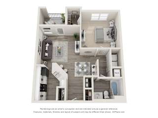 A 3D floor plan of a house with a kitchen, living room, and bathroom.