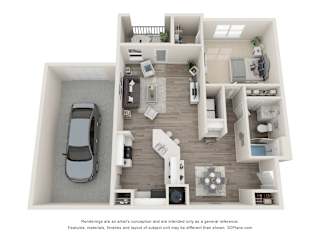 A 3D floor plan of a house with a car parked in the garage.