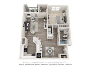 A 3D floor plan of a house with a kitchen, living room, and two bedrooms.