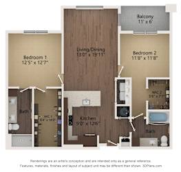 2 bedroom 2 bathroom Floor plan D at The Residences at Galleria, Overland Park