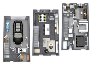 Three different floor plans of a house with a car parked in the garage.
