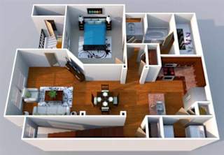 A 3D floor plan of a house with a bedroom, living room, kitchen, and bathroom.