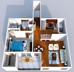 A 3D floor plan of a small apartment with a kitchen, living room, and bedroom.