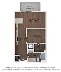 1 bed 1 bath floor plan D at The Residences at Galleria, Overland Park