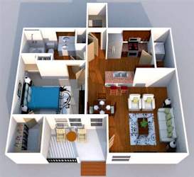 A 3D floor plan of a house showing a kitchen, living room, dining room, and bedrooms.