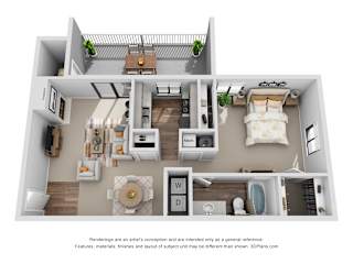 A 3D floor plan of a small apartment with a kitchen, living room, and bedroom.