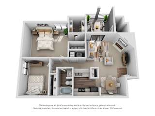 A 3D floor plan of a house with a kitchen, living room, and bathroom.