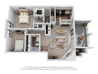 A 3D floor plan of a house with a kitchen, living room, and bedrooms.