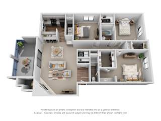 A 3D floor plan of a house with labeled rooms.