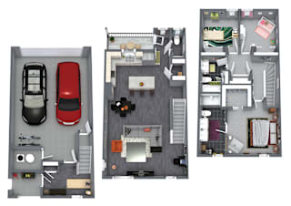 A 3D floor plan of a small apartment with a car and a parking space.