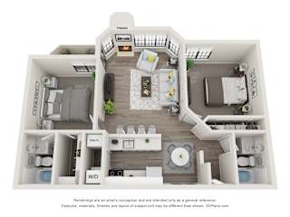 A 3D floor plan of a house with labeled rooms.
