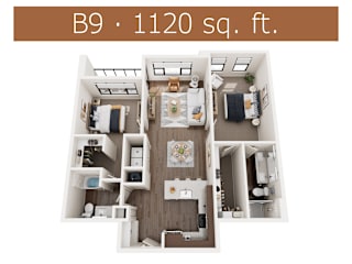 B9 floor plan showing two bedroom and two bathroom apartment is Castle Rock CO