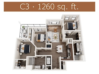C3 floor plan showing three bedroom and two bathroom apartment is Castle Rock CO