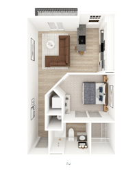 3D floor plan of one bedroom apartment layout at District on the Etowah Apartments, Canton, GA