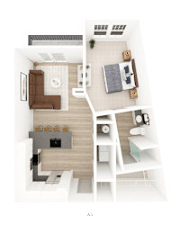 3D floor plan with one bedroom and bathroom at District on the Etowah Apartments, Canton
