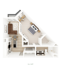 3D floor plan of one bedroom apartment layout 1 at District on the Etowah Apartments, Canton, Georgia
