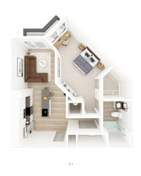 3D floor plan with bedroom and bathroom layout at District on the Etowah Apartments, Canton, 30114