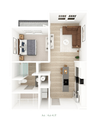 One bedroom floor plan with open layout at District on the Etowah Apartments, Canton, Georgia