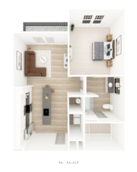 3D floor plan with bedroom and living area 1 at District on the Etowah Apartments, Canton, GA 30114