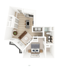 3D floor plan of studio apartment layout at District on the Etowah Apartments, Canton, GA