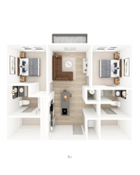 3D floor plan of two bedroom apartment layout at District on the Etowah Apartments, Canton