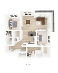 3D floor plan of two bedroom apartment layout 2 at District on the Etowah Apartments, Canton, GA