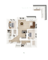 3D floor plan with two bedrooms and balcony at District on the Etowah Apartments, Canton, 30114