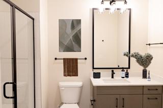 A bathroom with a white toilet, a sink with a mirror above it, and a shower with a glass door.at Riverside Apartments, Chattanooga, 37406