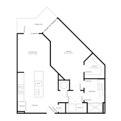 1 bedroom one bathroom 2D floorplan at District on the Etowah Apartments, Canton, GA 30114
