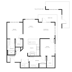 Two bed two bathroom floorplan with balcony at District on the Etowah Apartments, Canton, Georgia