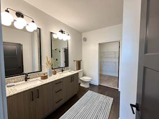 Master bathroom with dual vanity and walk-in closet at The Wren Apartments, Lawrenceville, GA