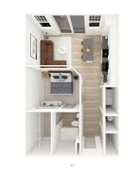 3D floor plan with studio apartment layout at District on the Etowah Apartments, Canton, GA 30114