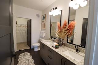 Dual vanity bathroom with black framed mirrors at The Wren Apartments, Georgia