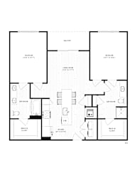 Two bedroom floor plan with dual bathrooms at The Wren Apartments, Lawrenceville, GA 30043