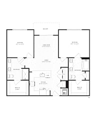 Two bedroom two bathroom floor plan layout at The Wren Apartments, Lawrenceville, GA
