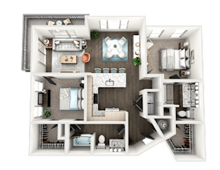 Two bed two bath 3D floorplan with balcony at The Wren Apartments, Lawrenceville, GA
