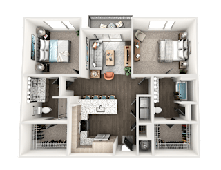 Two bedroom two bath floorplan with balcony at The Wren Apartments, Lawrenceville, GA 30043