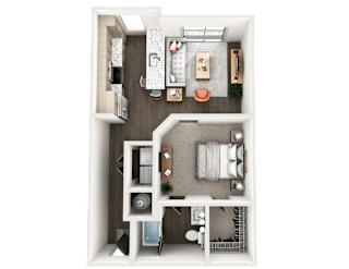 One bed one bathroom floorplan with balcony at The Wren Apartments, Lawrenceville, Georgia