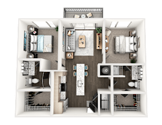 Two bedroom two bathroom 3D floorplan with balcony at The Wren Apartments, Lawrenceville